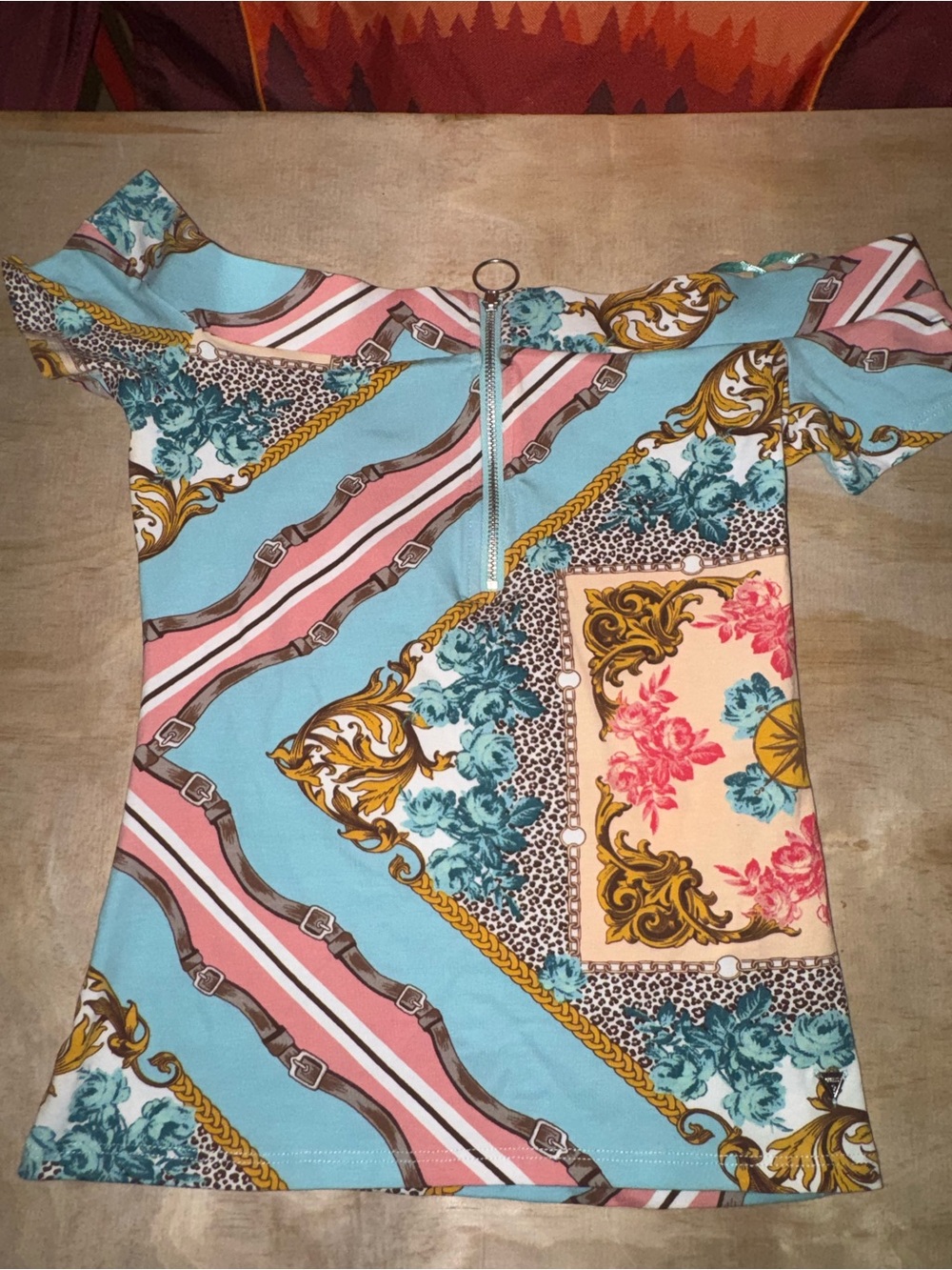Guess Light Blue Multi-Print Off-Shoulder Top with Pink and Gold Accents